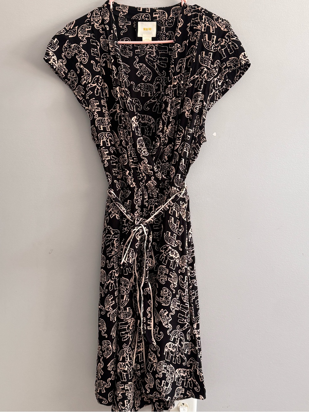 Maeve Anthropologie Large Elephant Print Wrap Dress Black Tan Belted
